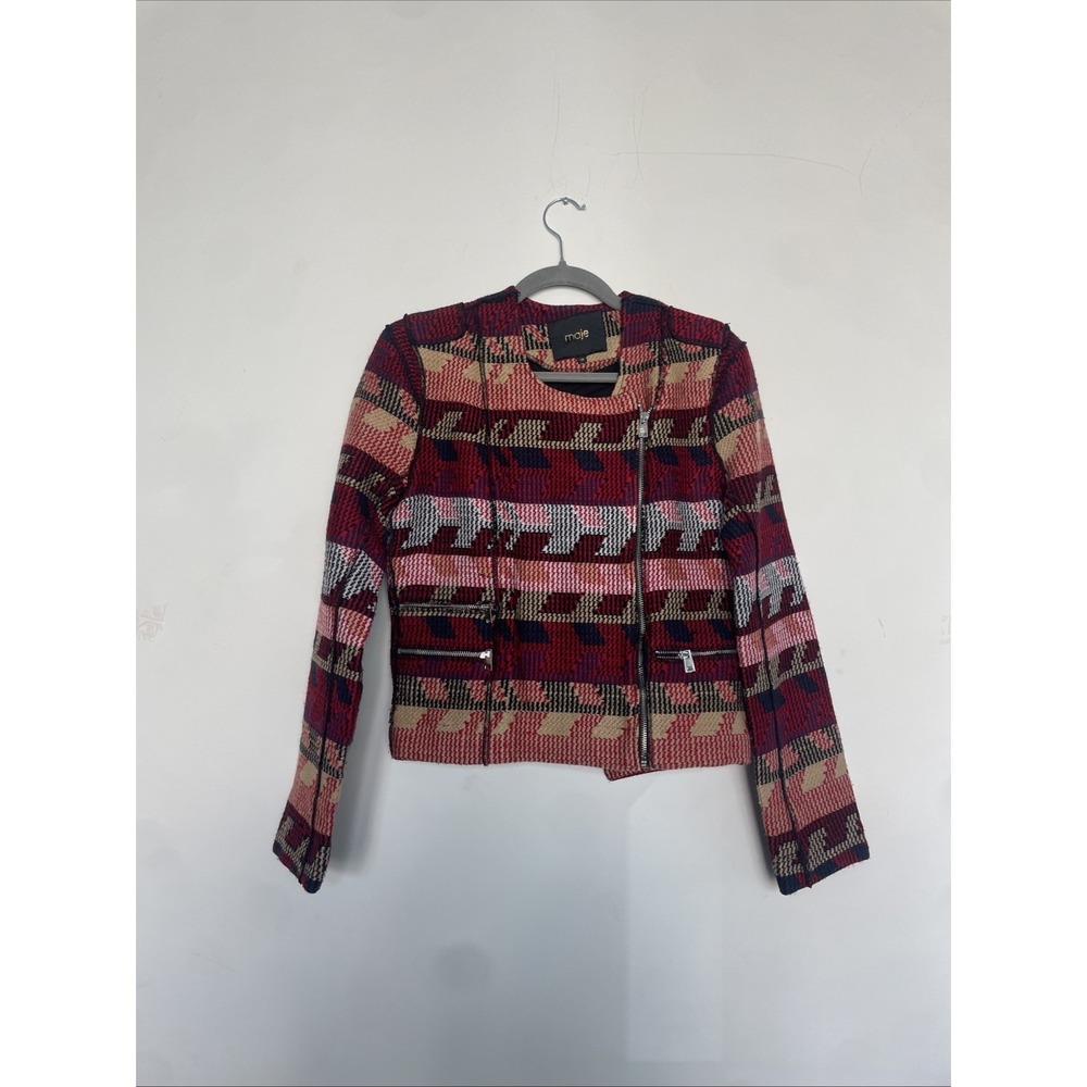 MAJE PARIS Women's Vanda Jacquard Moto Jacket Multicolor Black/Red Size 38